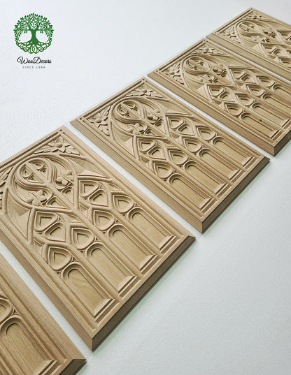 PAIR of PNL-16 Gothic Style Carved Wood Door Panels, Furniture Panels, 13-1/2"Wx21-1/4"H, Unfinished