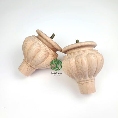 PAIR of Wood Carved Pumpkin / Garlic 4-1/4"High Bun Feet, Sofa Legs