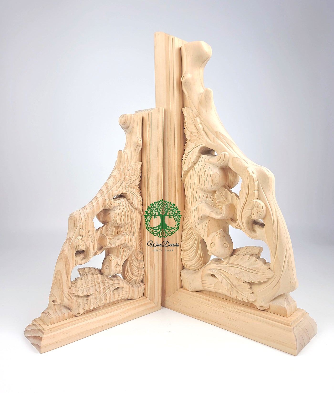 PAIR of Vintage Squirrel Trunk Carved Wood Bracket Corbels, Available in 2 sizes, Unfinished