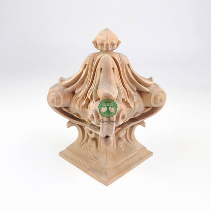 Acanthus Shell Scroll Carved Wood Finial for Stair Post & Bed Post, Square Bottom Finial, Single, Available in 3 Sizes