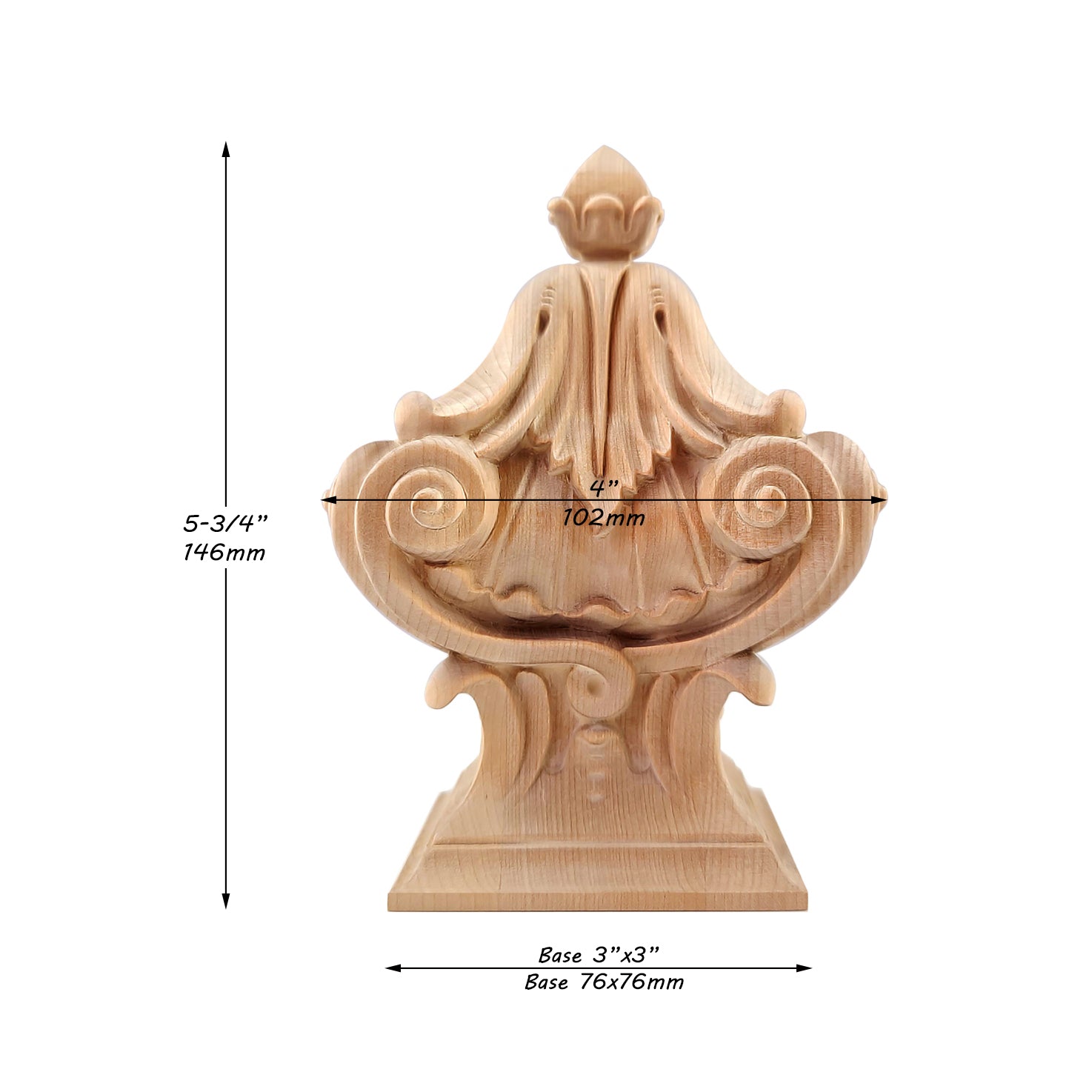 Acanthus Shell Scroll Carved Wood Finial for Stair Post & Bed Post, Square Bottom Finial, Single, Available in 3 Sizes
