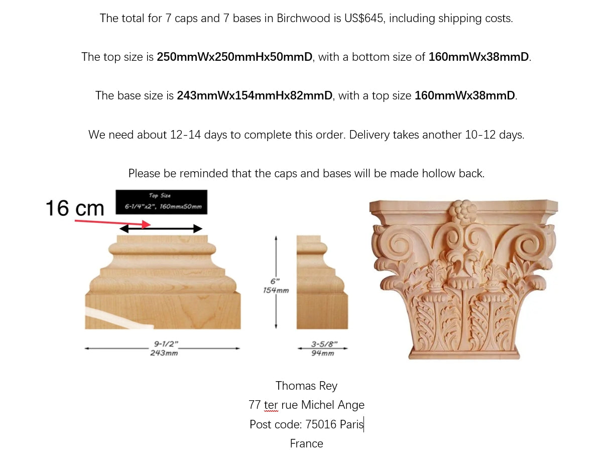 CUSTOM20250510  7 Sets of Corinthian Capital and Base, Birchwood