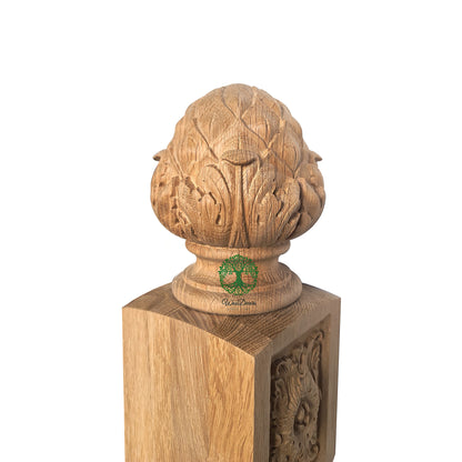 Large Acanthus and Antichoke Carved Wood Finial for Stair Post, Single, Unfinished, Bottom Dia 3" & 3-1/2", Screws Pre-installed