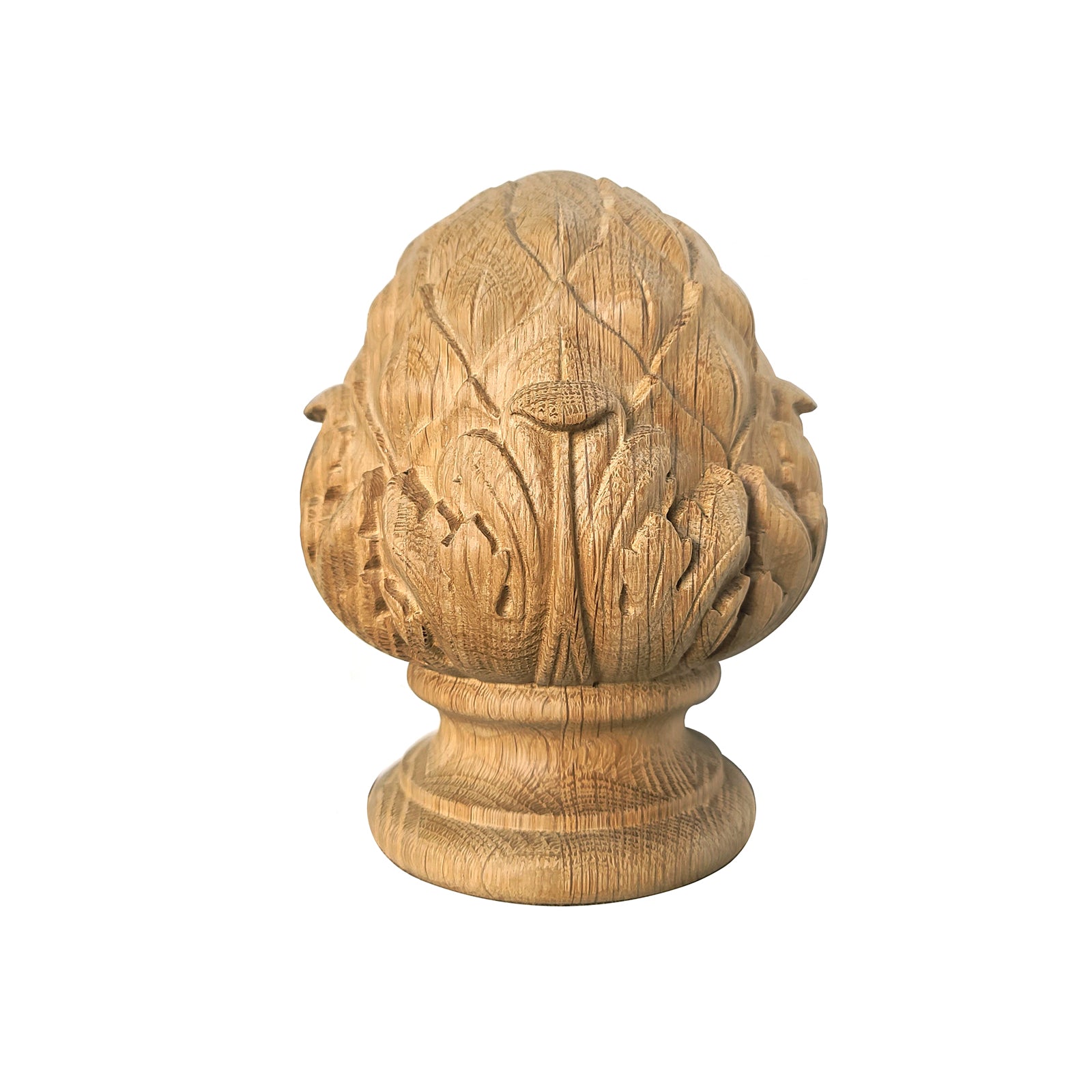 Large Acanthus and Antichoke Carved Wood Finial for Stair Post, Single, Unfinished, Bottom Dia 3