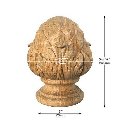 Large Acanthus and Antichoke Carved Wood Finial for Stair Post, Single, Unfinished, Bottom Dia 3" & 3-1/2", Screws Pre-installed