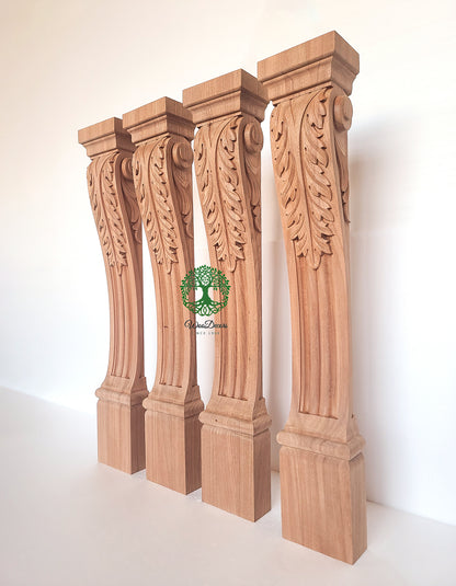 ISP-14  PAIR of Acanthus Carved Fireplace Wood Posts, Island Legs, 35" High, Unfinished