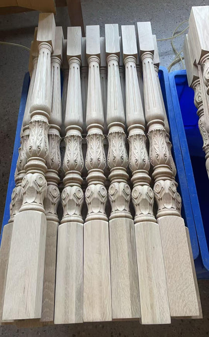 CUSTOM25111  48PCS of 2-3/8"x2-3/8"x38"H Acanthus Carved Wood Balusters, Unfinished White Oak-2