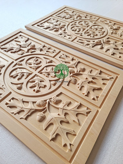 PAIR of PNL-44 Oak Leaf & Acorn Carved Wood Furniture Panels, 12"Wx16”H, Unfinished
