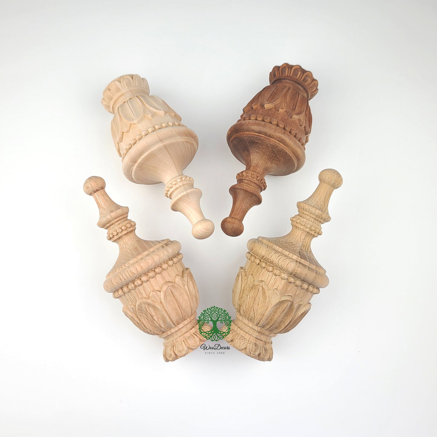 PAIR of Pearl Ring & Leaf Carved Curtain Rod Finials, Unfinished