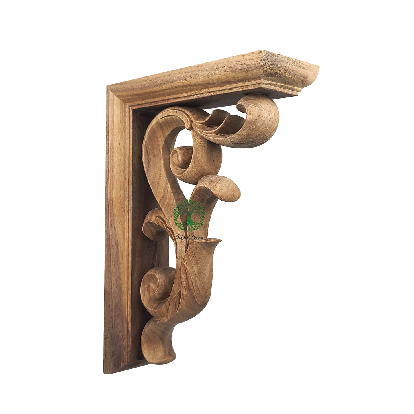 PAIR of Elegant Tongue Leaf Scroll Carved Wood Bracket Corbels, Available in 10" & 13-5/8" High