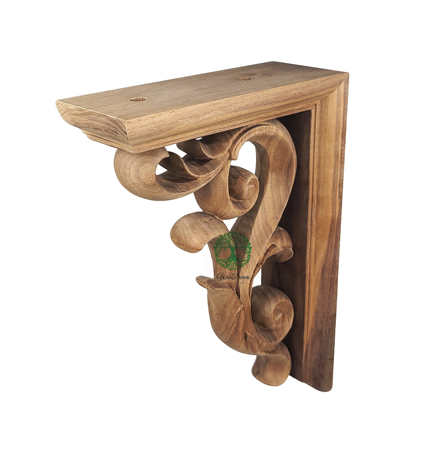 PAIR of Elegant Tongue Leaf Scroll Carved Wood Bracket Corbels, Available in 10" & 13-5/8" High