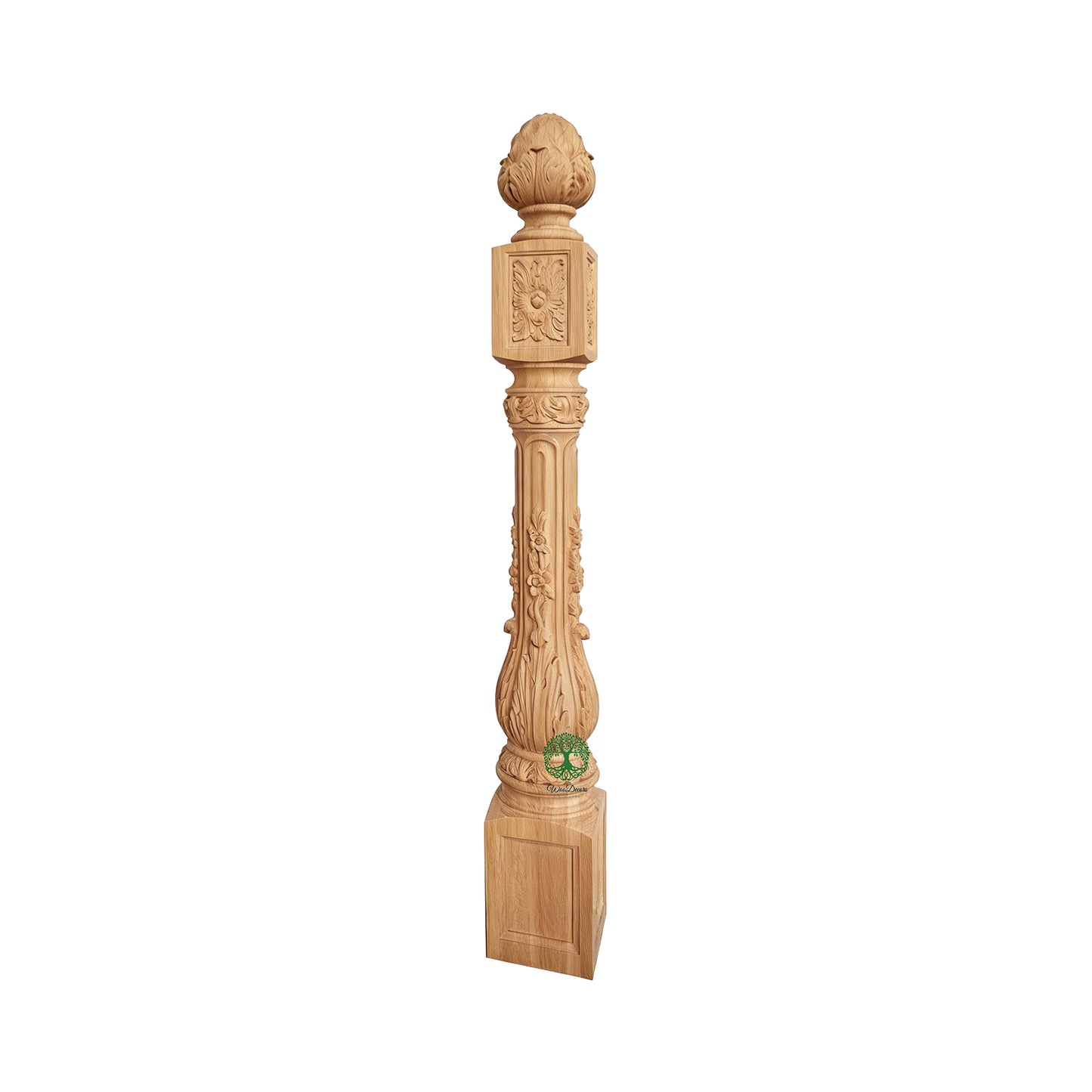 NWL-07 Large Floral Vine Carved Newel Post, 6-1/2"x6-1/2"x50-1/4"H, Unfinished, Single