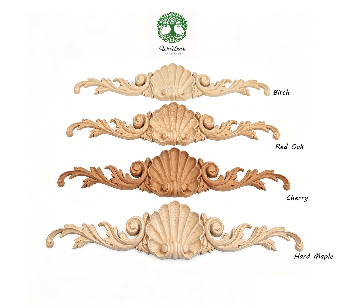 Shell Scroll Leaf Carved Wood Applique, Available in 15-1/2" & 20" Wide