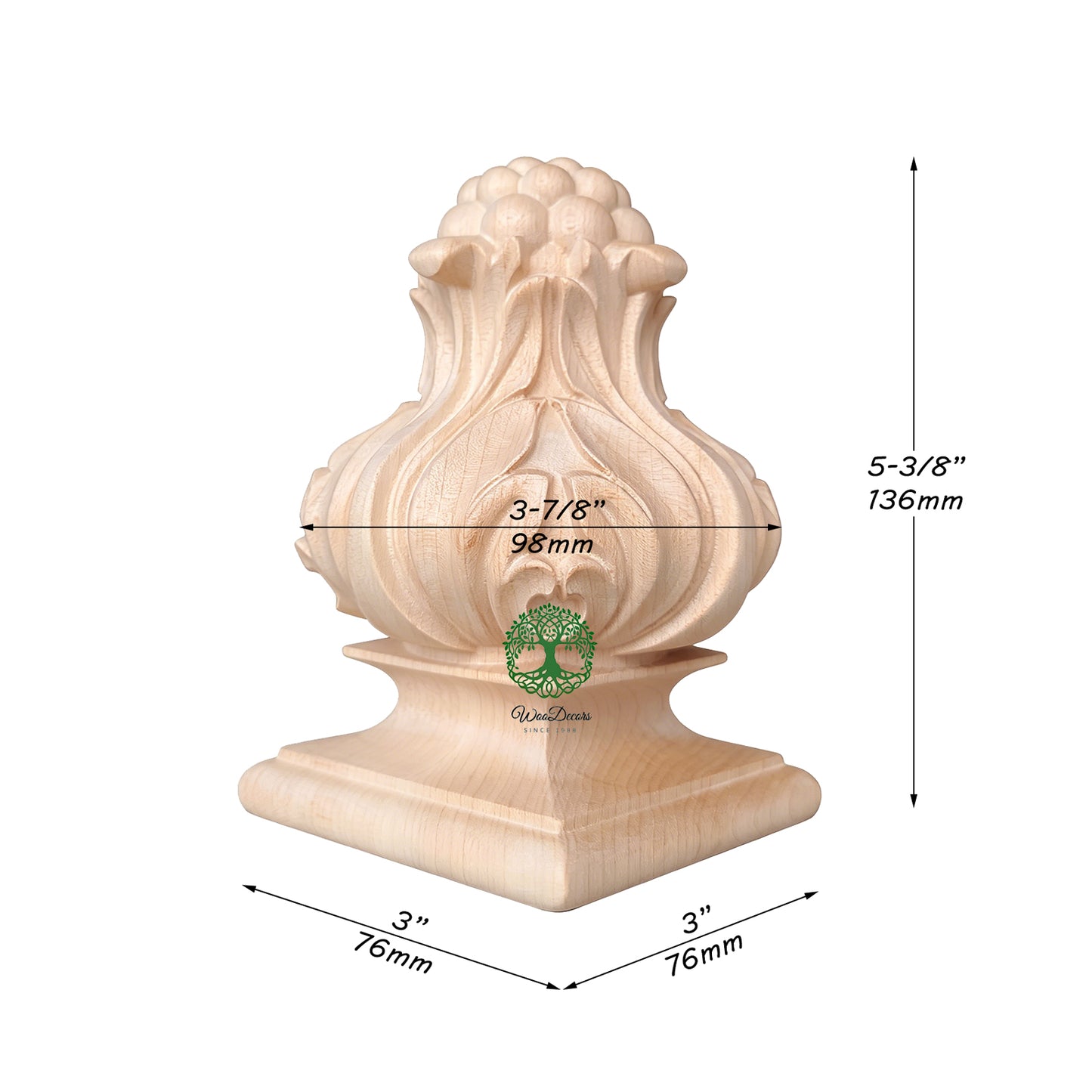 PAIR of Elegant Curved Wood Carved Lotus Post Finials, Screw Pre-installed, Available in Round and Square Bottom