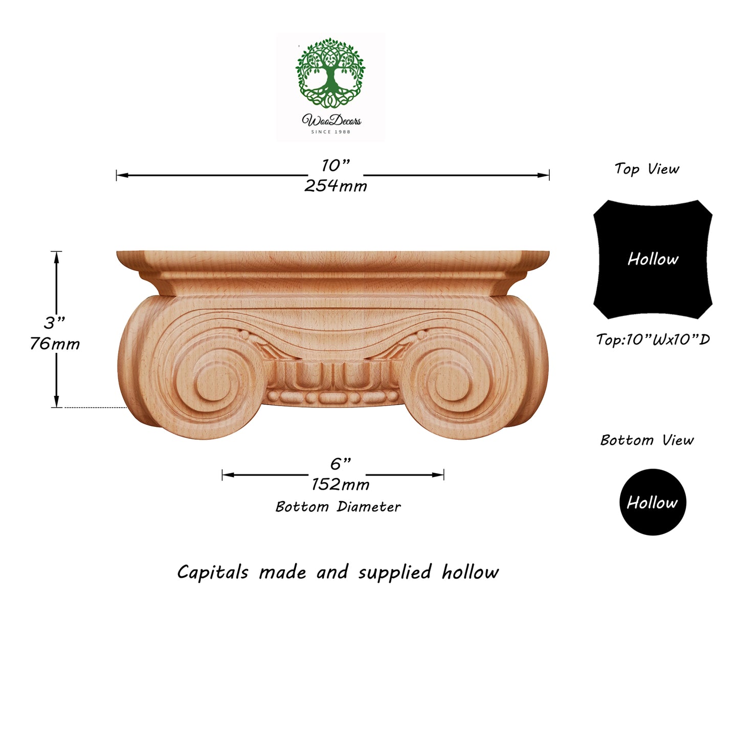 Wood Carved Greek Angular Capital for Full-round Column, Hollow Center, Single