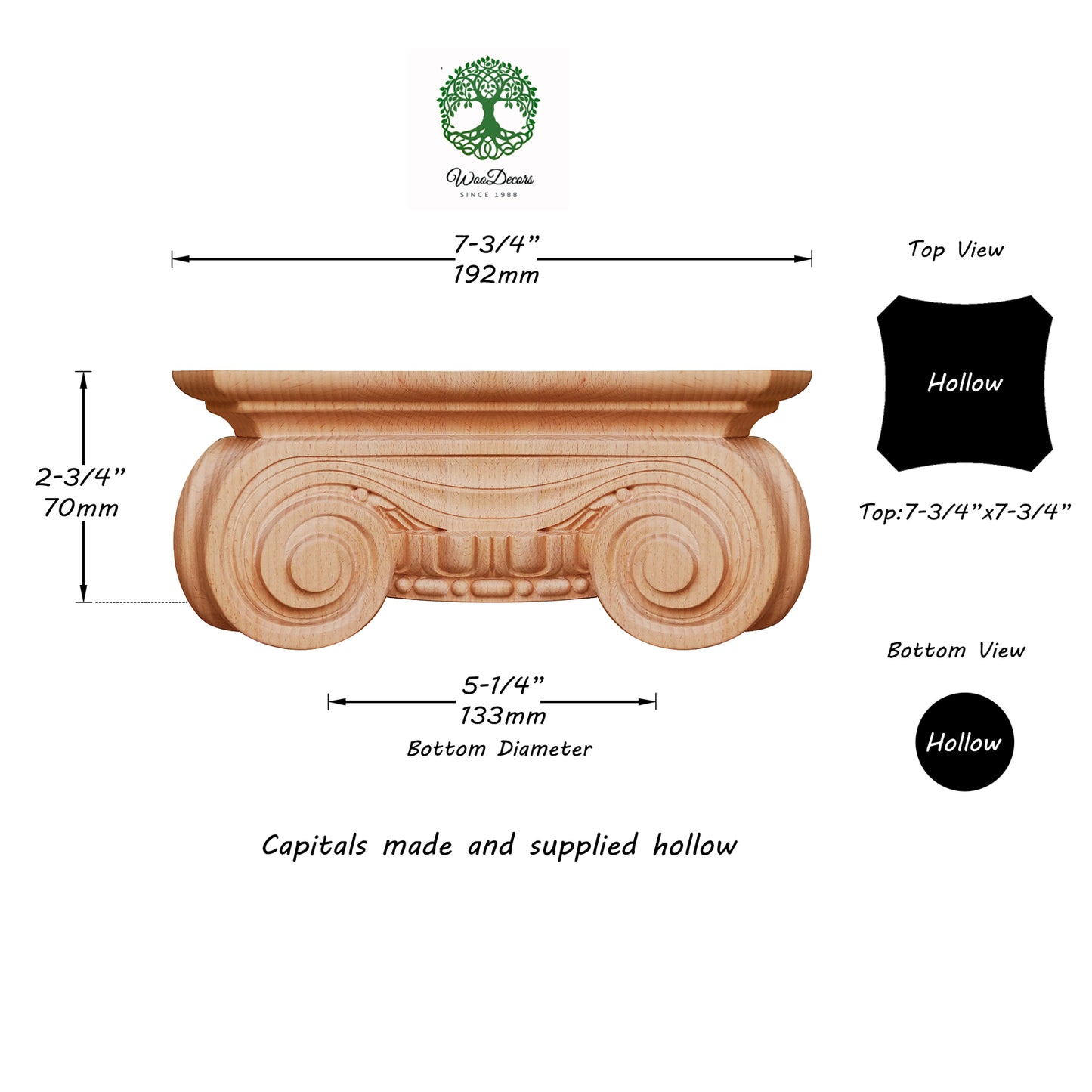 Wood Carved Greek Angular Capital for Full-round Column, Hollow Center, Single