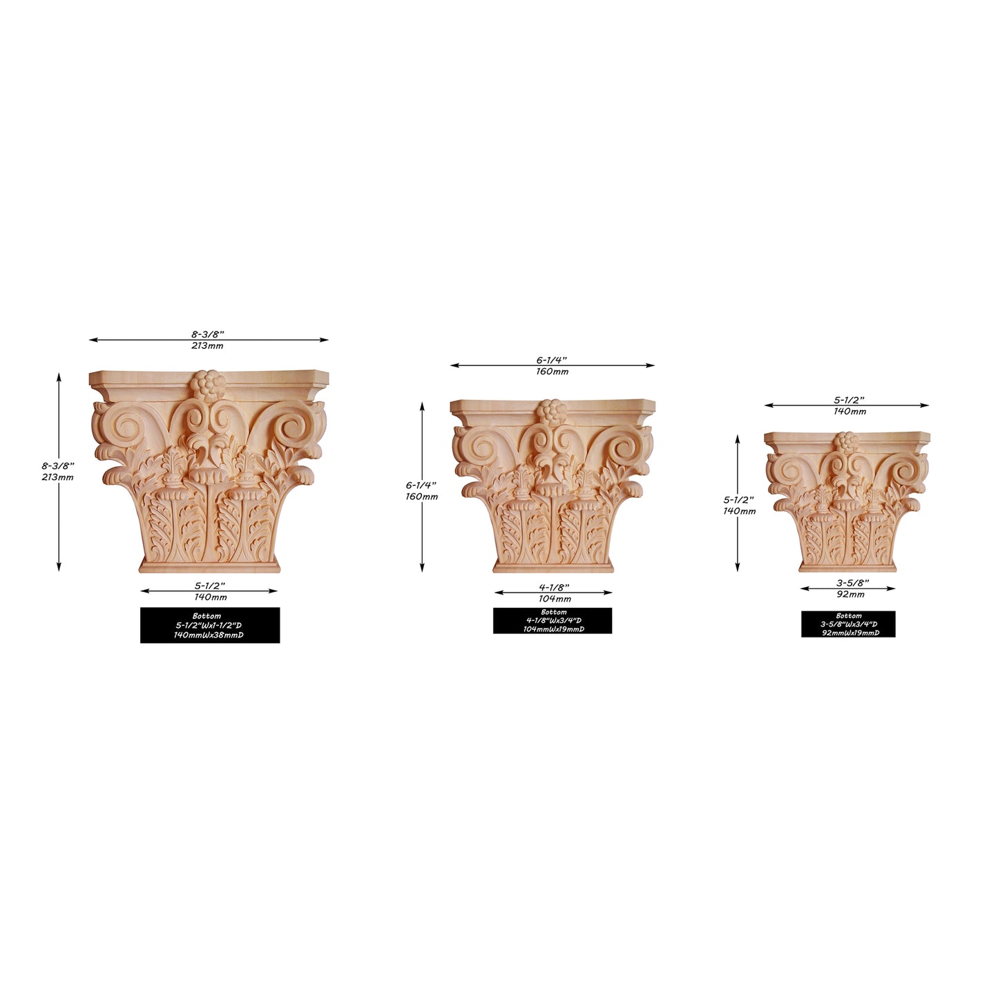 PAIR of Corinthian Capitals For Pilasters, Available in 3 Sizes, Hollow Back