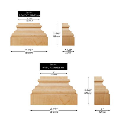 PAIR of Simple Lined Bases / Caps for Pilasters, Available in 4 Sizes, Unfinished