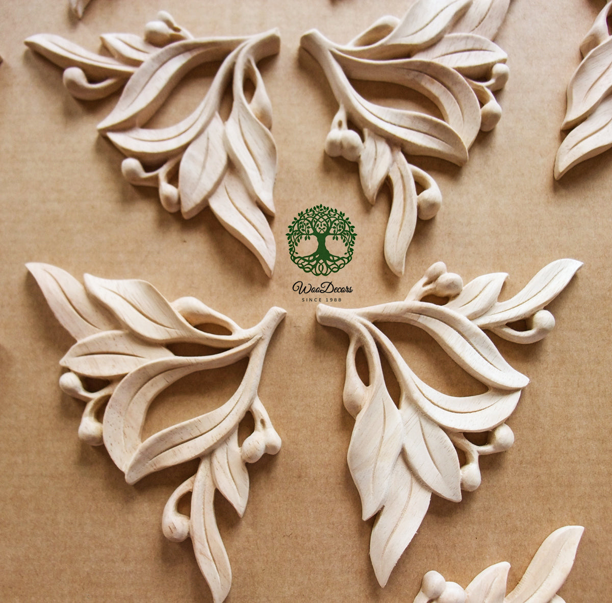 PAIR of Delicate Laural Leaf Carved Wood Corner Appliques, Available in 3", 4" & 5"
