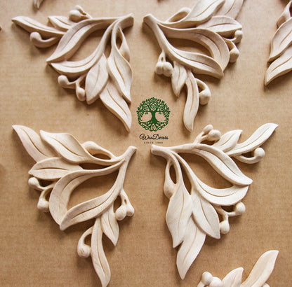 PAIR of Delicate Laural Leaf Carved Wood Corner Appliques, Available in 3", 4" & 5"
