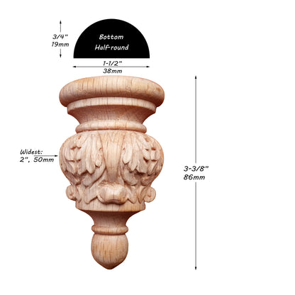 FNL-25 Small Leaf Carved Wood Finial, Wood Fendant, Available in Half-round & Full-round