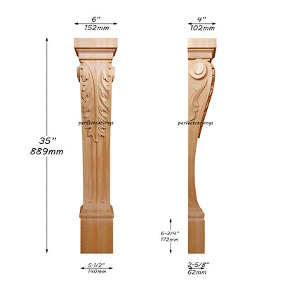 PAIR of ISP-14 Acanthus Carved 35"High Fireplace Wood Posts, Island Legs