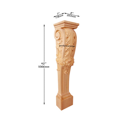 PAIR of ISP-18 Rose Leaf Carved Wood Island Posts, Fireplace Mantel Legs, Available in 35-1/2" & 42" High