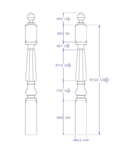 NWL-08 Wood Carved Hexagon Newel Post, Available in 4"x4", 5"x5", Unfinished, Single