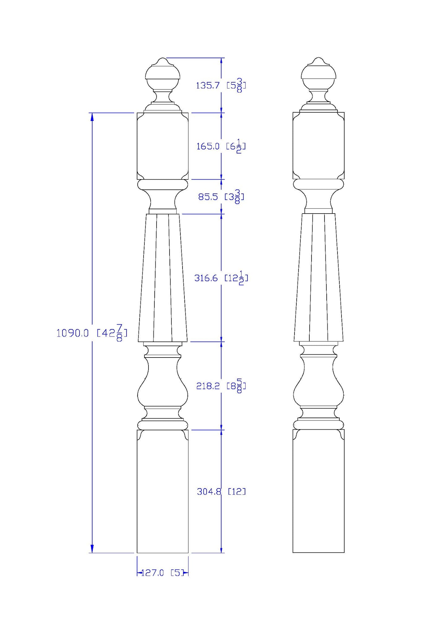 NWL-08 Wood Carved Hexagon Newel Post, Available in 4"x4", 5"x5", Unfinished, Single