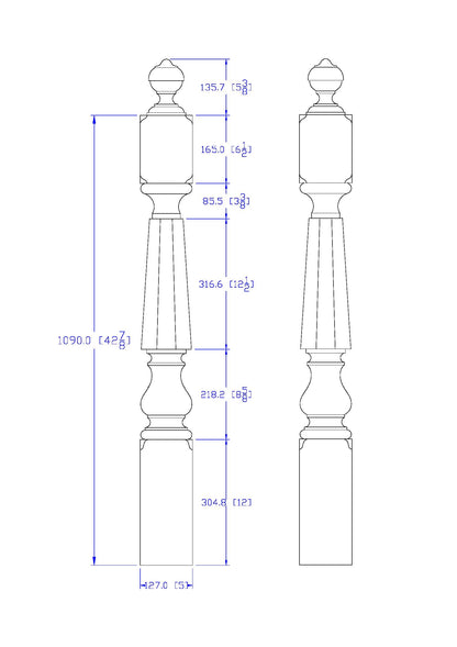 NWL-08 Wood Carved Hexagon Newel Post, Available in 4"x4", 5"x5", Unfinished, Single