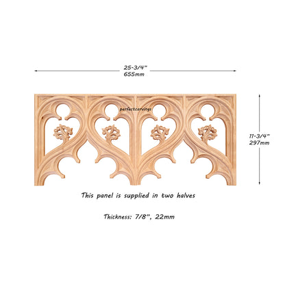 PNL-38 Gothic Scroll Carved Wood Screen Panels, 25-3/4"x11-3/4", Supplied in two halves