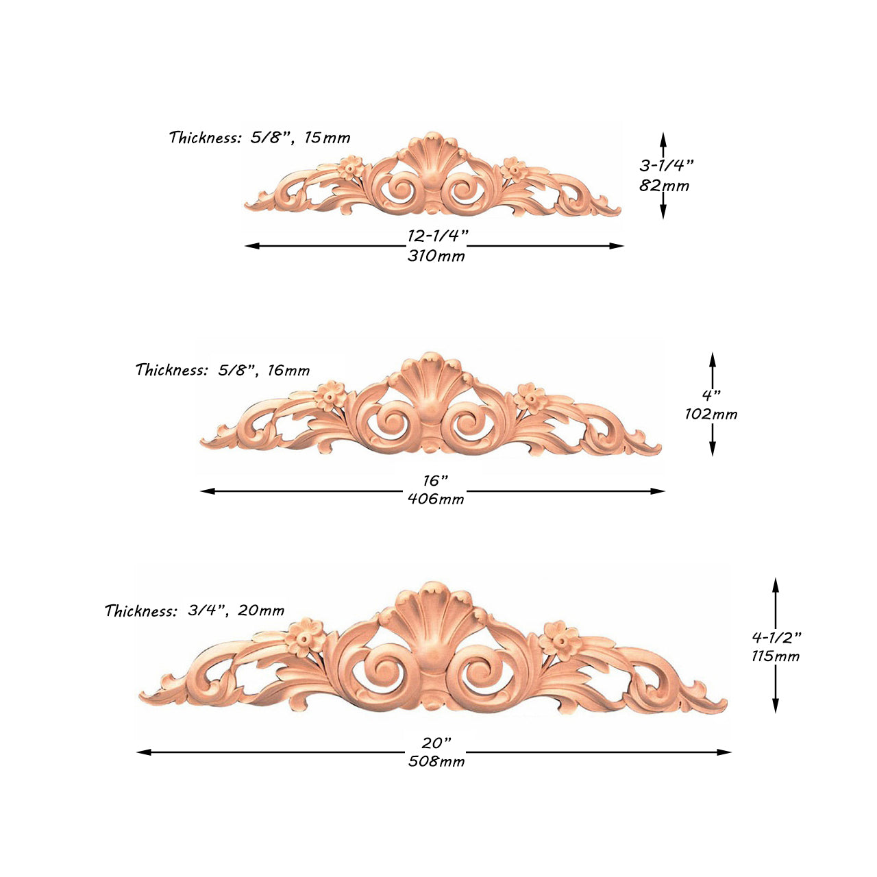 Shell Leaf Scroll Carved Wood Carved Onlay, Furniture Applique, Available from 12-1/4" to 24-1/2" Wide, Single