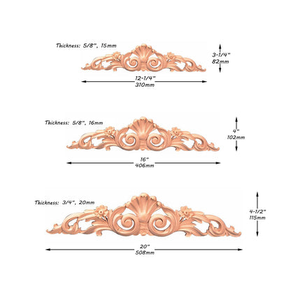 Shell Leaf Scroll Carved Wood Carved Onlay, Furniture Applique, Available from 12-1/4" to 24-1/2" Wide, Single