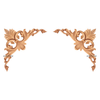 PAIR of Elegant Leaf Scroll Carved Wood Corner Appliques for Panels, Available in 3 Sizes