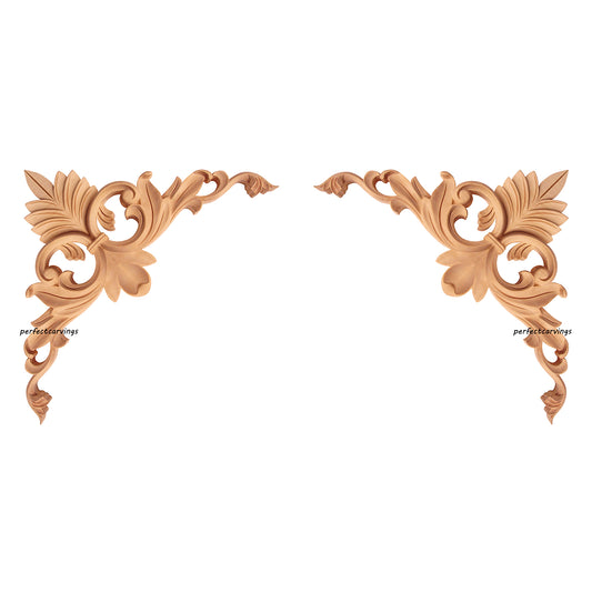 PAIR of Elegant Leaf Scroll Carved Wood Corner Appliques for Panels, Available in 3 Sizes