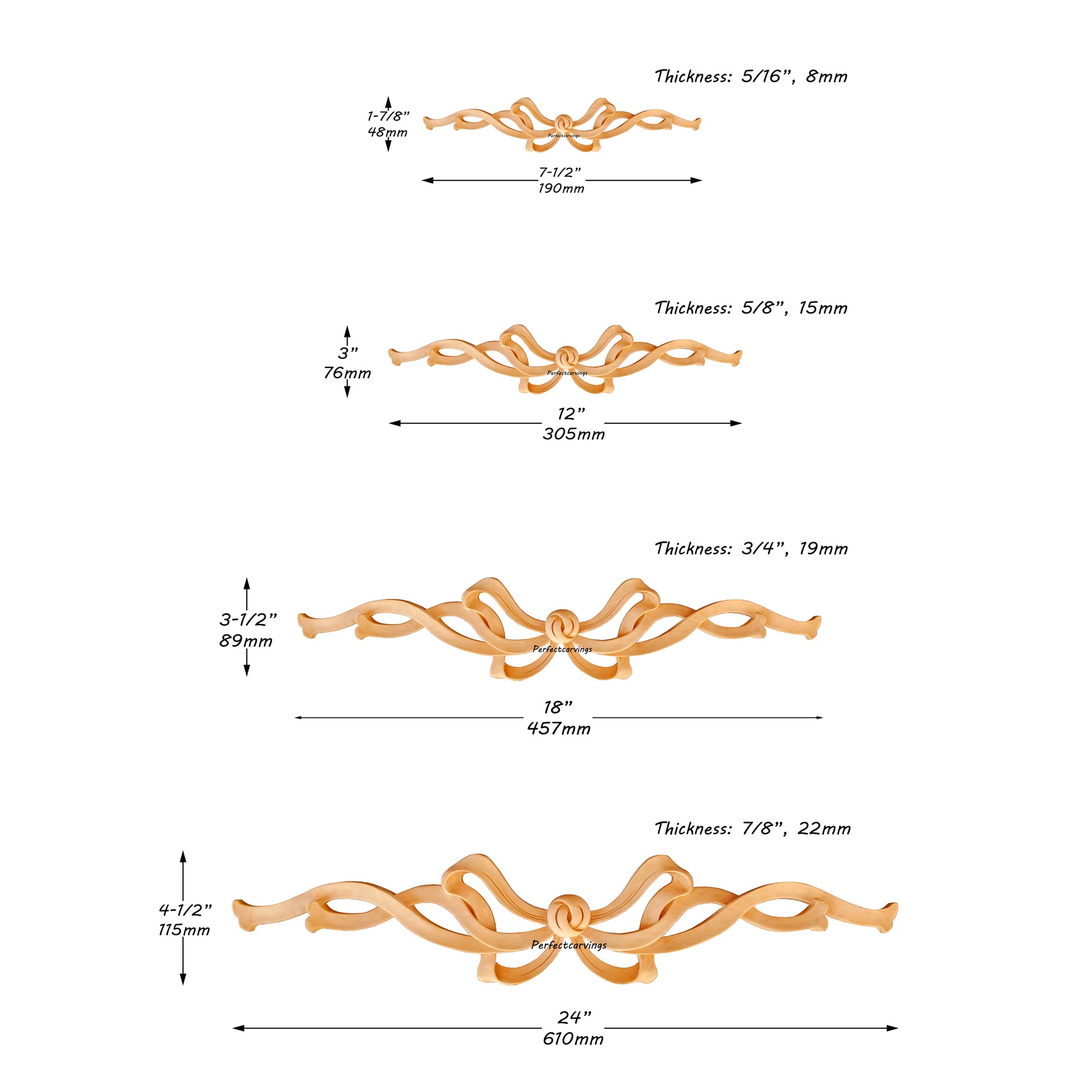Butterfly Shape Ribbon & Bow Carved Wood Applique, Single, From 7-1/2