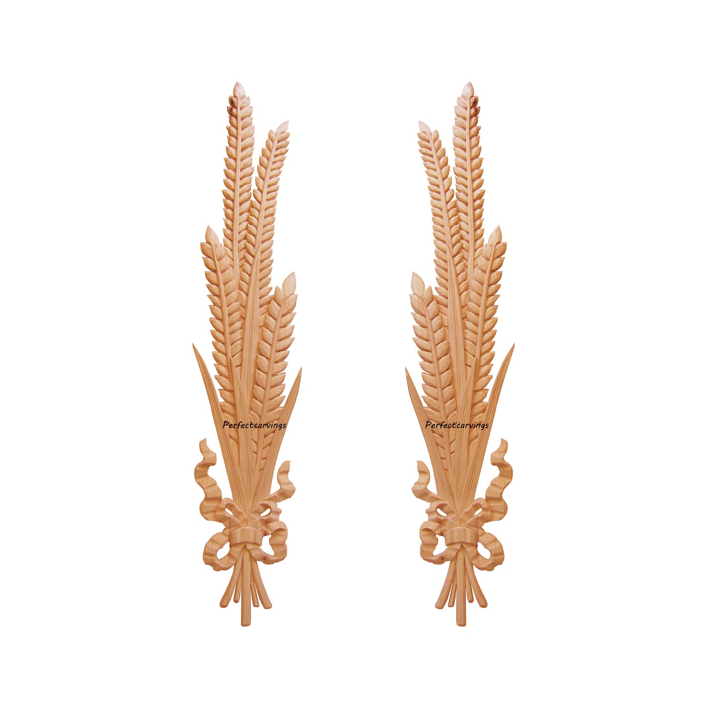 PAIR of Ribbon Wheat Carved Wood Appliques, Available in 12", 16" & 22-1/4" High