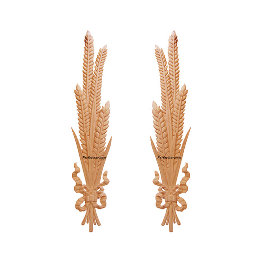 PAIR of Ribbon Wheat Carved Wood Appliques, Available in 12", 16" & 22-1/4" High