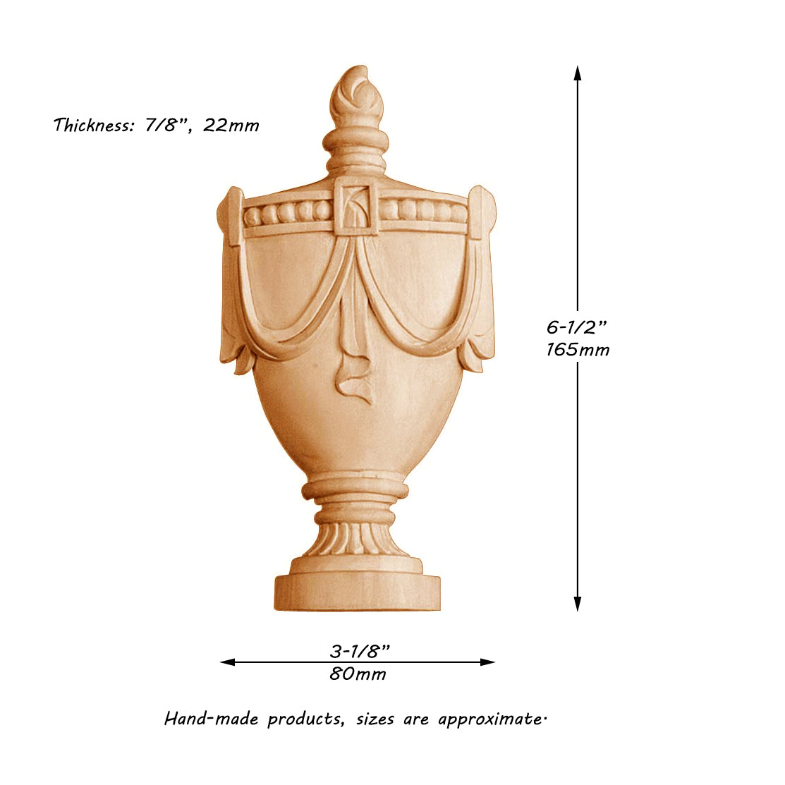 PAIR of Classic Urn & Ribbon Carved Wood Onlay,  3-1/8"Wx6-1/2"H, Unfinished