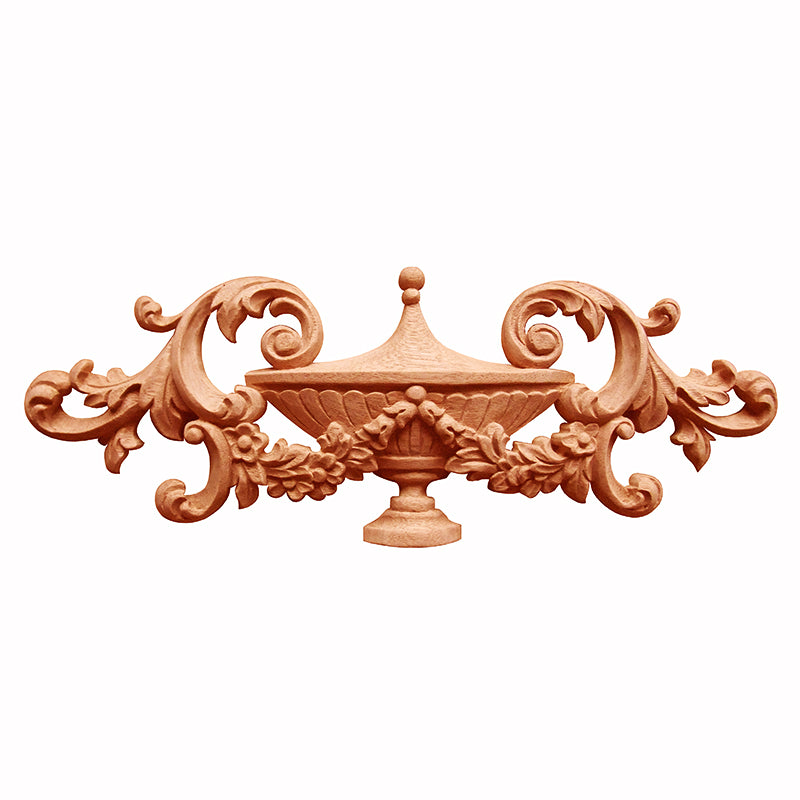 Wood Carved Floral Scroll Urn Central Applique, 9-3/4"Wx4-1/2"H, Single
