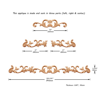 Vivid Floral Vine Carved Wood Applique for Mantel, Door Surround and Stair, Available in 33-1/4" & 42-1/4" Wide, Supplied in 3 Parts