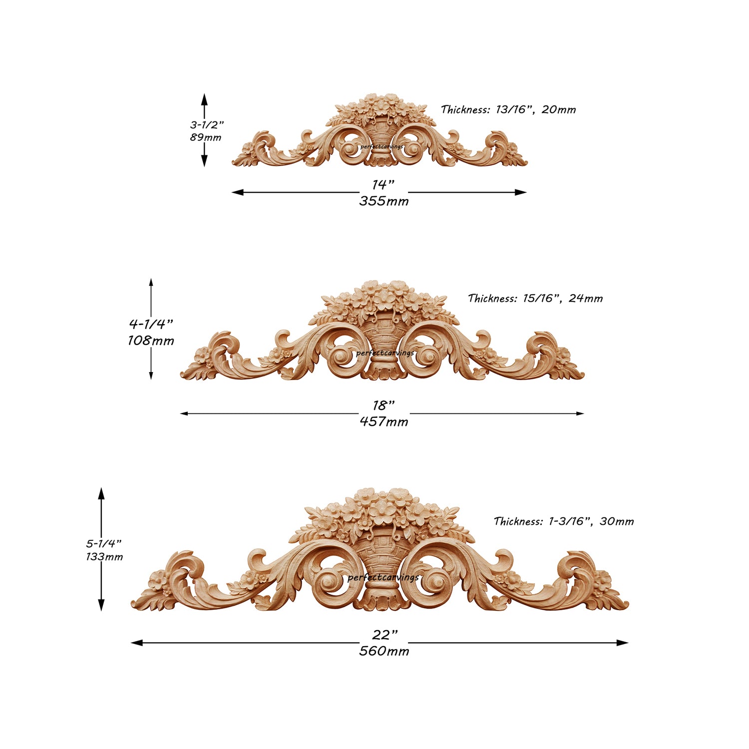 Magnificent Floral Woven Basket Carved Wood Onlay, Available in 14