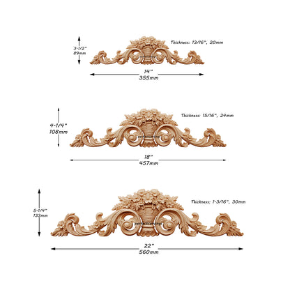Magnificent Floral Woven Basket Carved Wood Onlay, Available in 14", 18" & 22" Wide