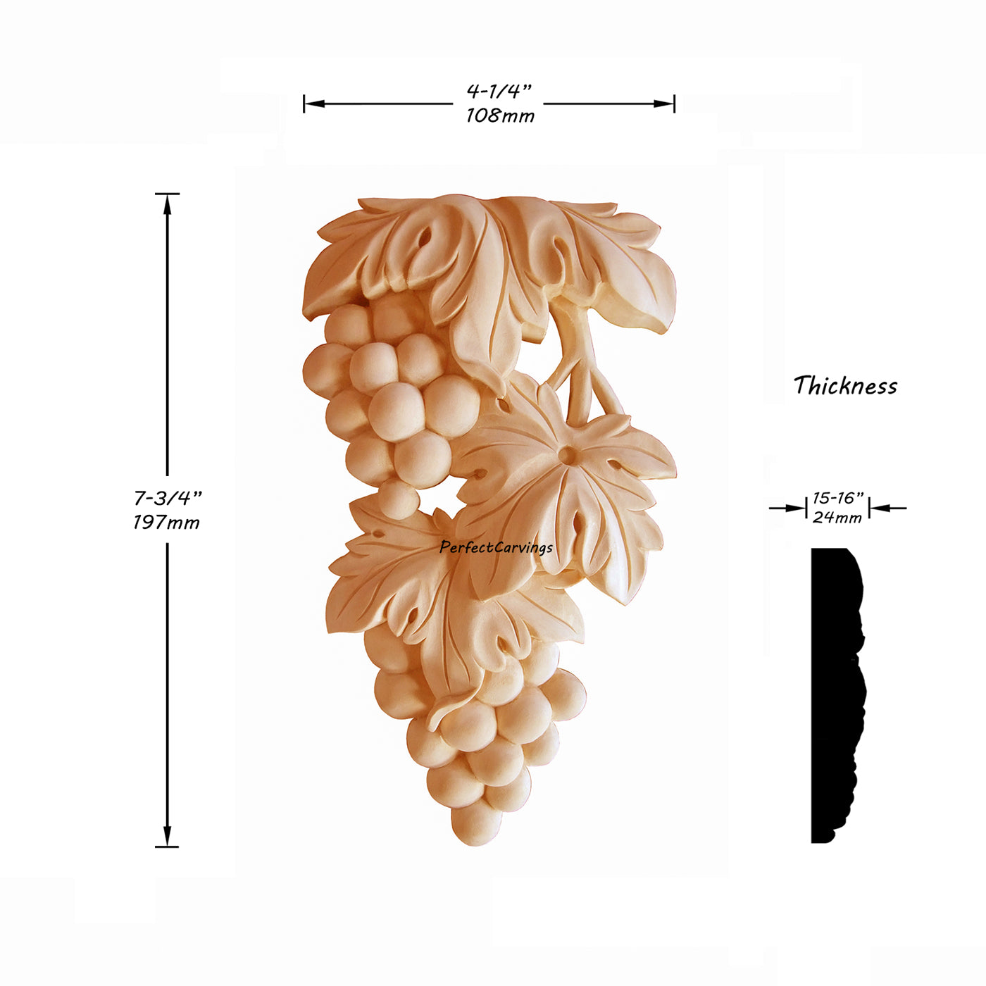 PAIR of Artistic Wood Carved Grape Mirror Appliques, 4-1/4"x7-3/4"