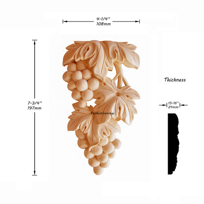 PAIR of Artistic Wood Carved Grape Mirror Appliques, 4-1/4"x7-3/4"