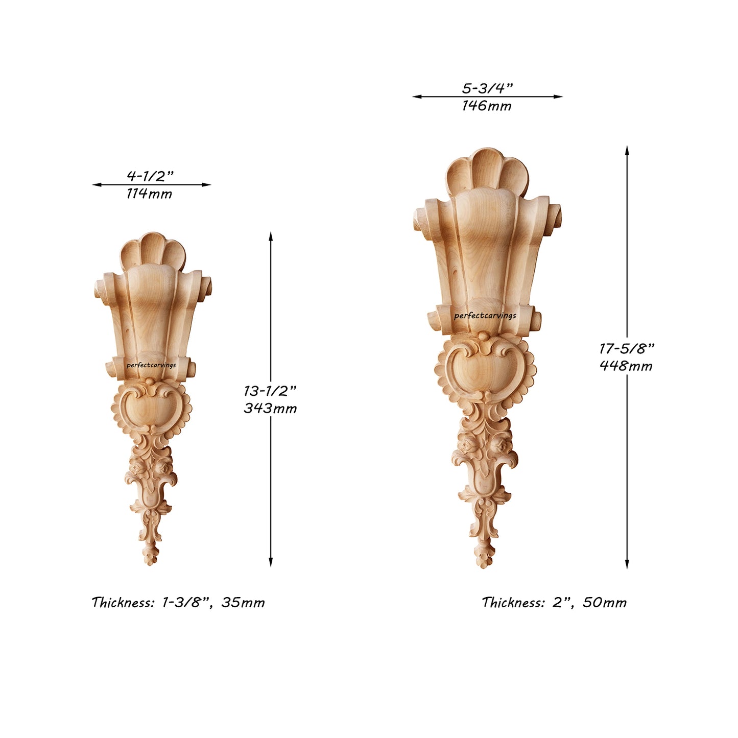 PAIR of Corbel with Laced Pearl Carved Wood Drop Appliques, Wood Onlays for Cabinet & Furniture, Available in 4 Sizes, From 7-1/2" to 17-5/8" High