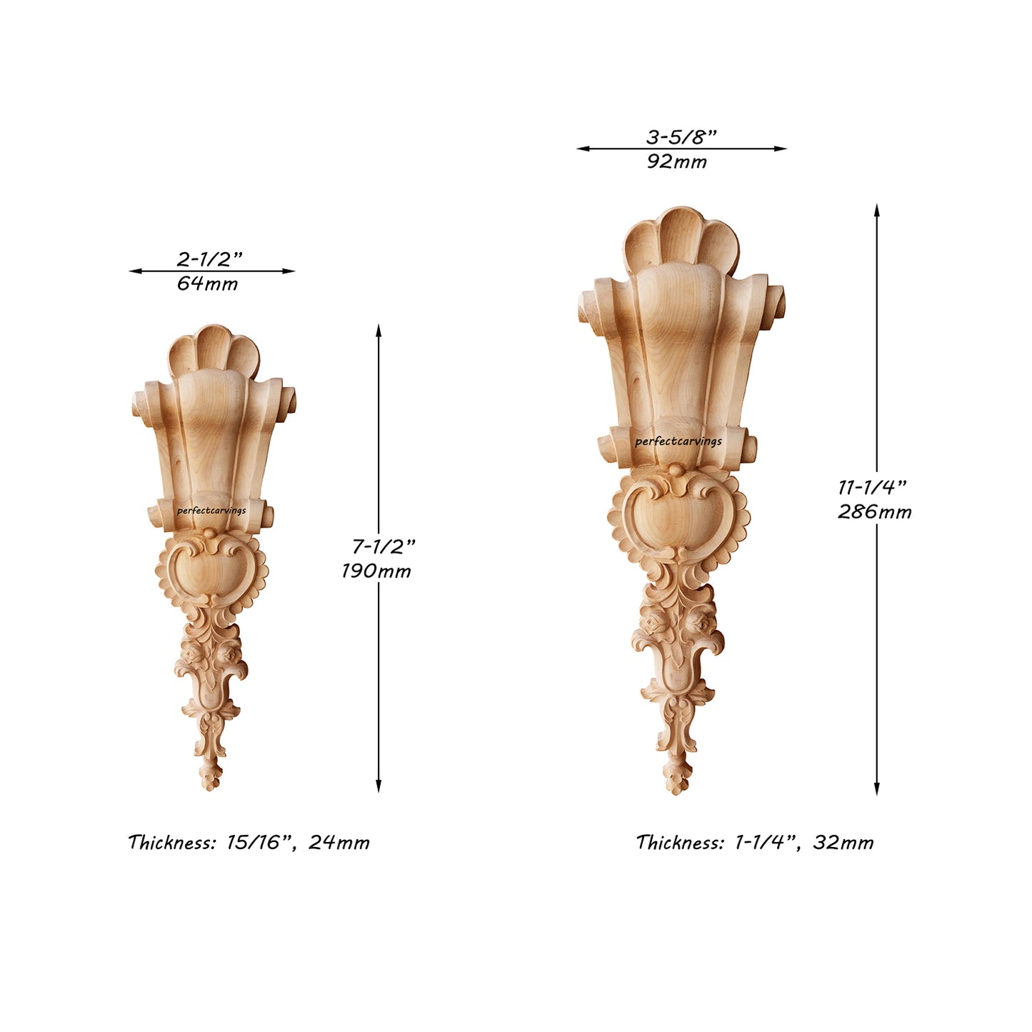 PAIR of Corbel with Laced Pearl Carved Wood Drop Appliques, Wood Onlays for Cabinet & Furniture, Available in 4 Sizes, From 7-1/2" to 17-5/8" High