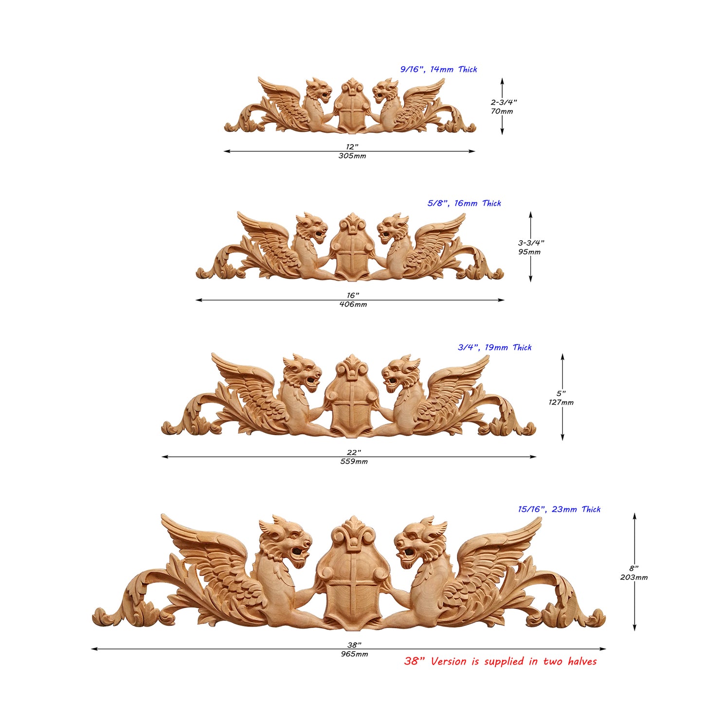Shield Wyvern Carved Wood Applique, Available from 12" to 38" Wide, Single