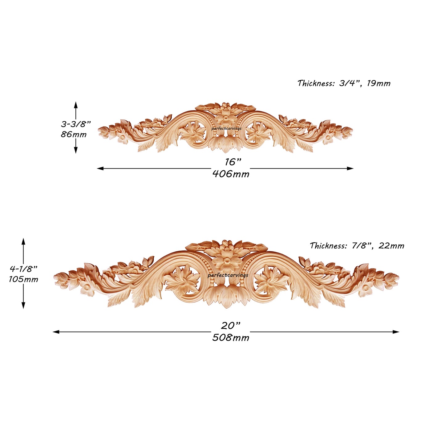 Floral Scroll with Pearl Carved Door Header Applique, Available from 20" to 36-3/8" Wide, Single