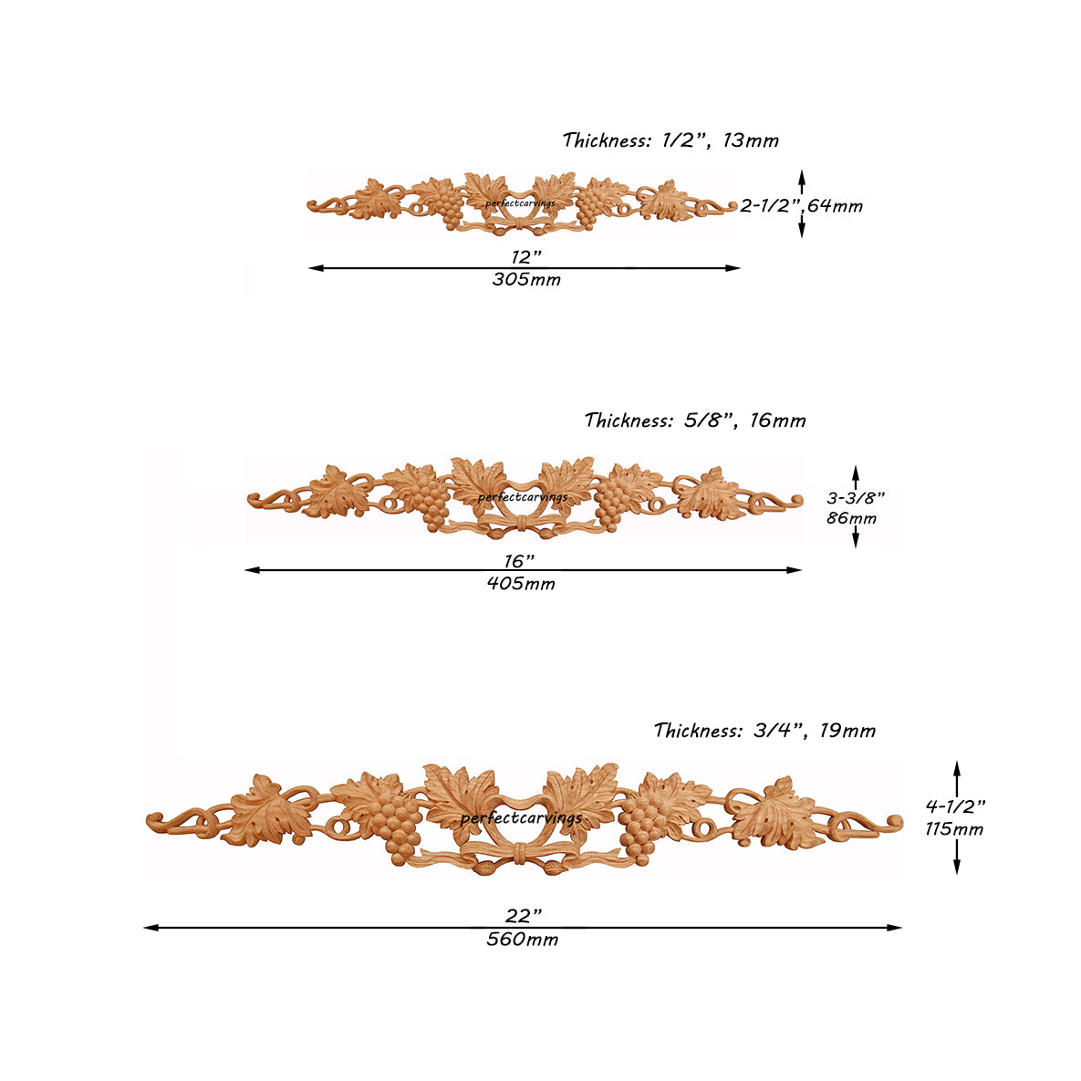 Carved Grapevine Ribbon Bow Wood Applique Onlay, Available in 12